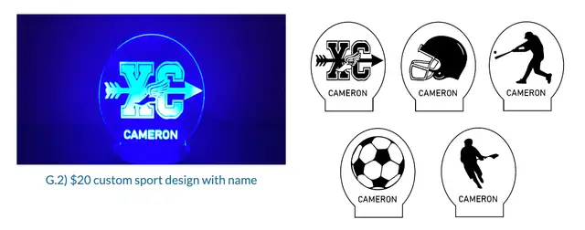 Personalized club and sports LED night light with cross country, football, baseball, soccer and basketball logo examples